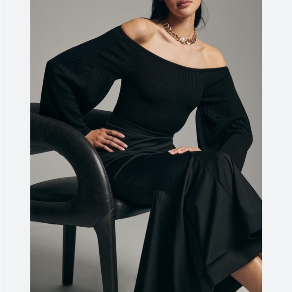 Anthropologie Maeve Off The Shoulder Bell Sleeve Sweater Black Sz S - Picture 2 of 13